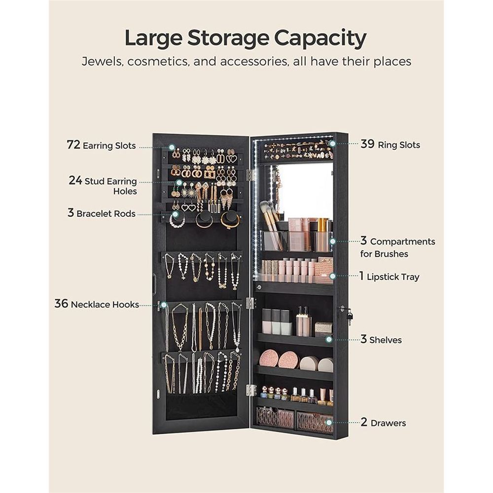Jewelry Armoire Organizer - LED Lights - Wall Or Door Mounted Mirror