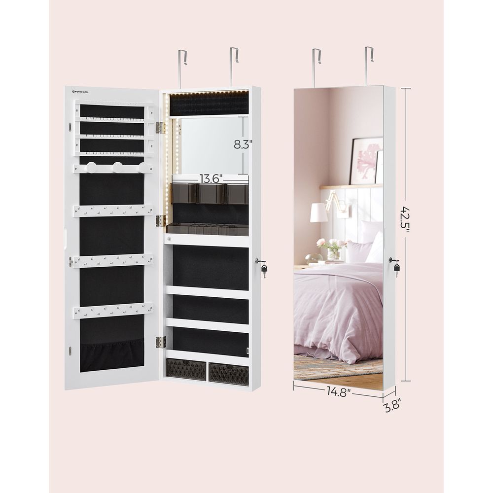 Jewelry Armoire Organizer - LED Lights - Wall Or Door Mounted Mirror