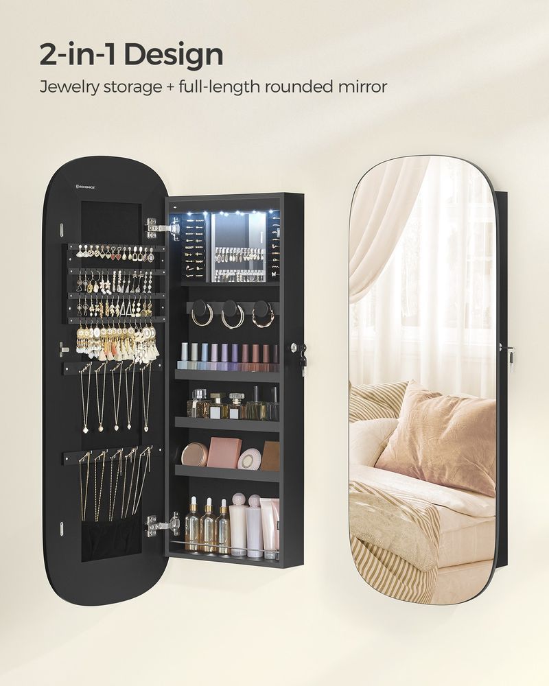 Wall Mounted Jewelry Organizer - Mirror Cabinet - LED Interior Light