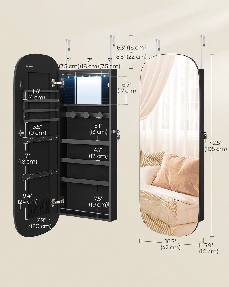 Wall Mounted Jewelry Organizer - Mirror Cabinet - LED Interior Light