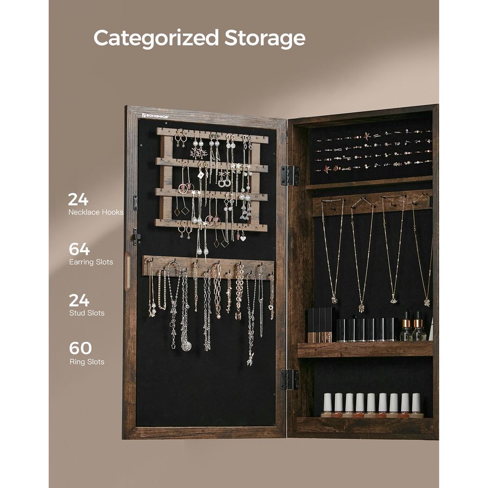 Jewelry Cabinet Armoire - Lockable Mirror - Wall Mounted Storage