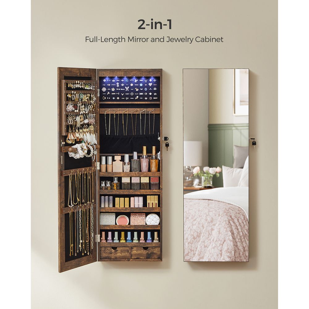 Jewelry Armoire Cabinet - Wall Mounted - LED Lights - Full Length Mirror