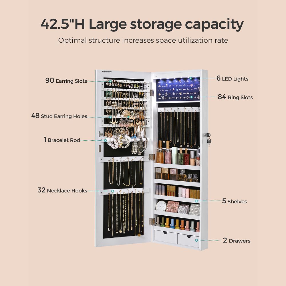 Jewelry Armoire Cabinet - Wall Mounted - LED Mirror Storage