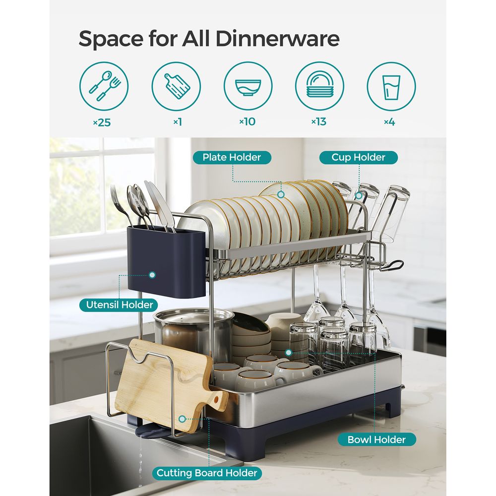 2 Tier Dish Rack With Drainboard Rotatable Extendable Spout