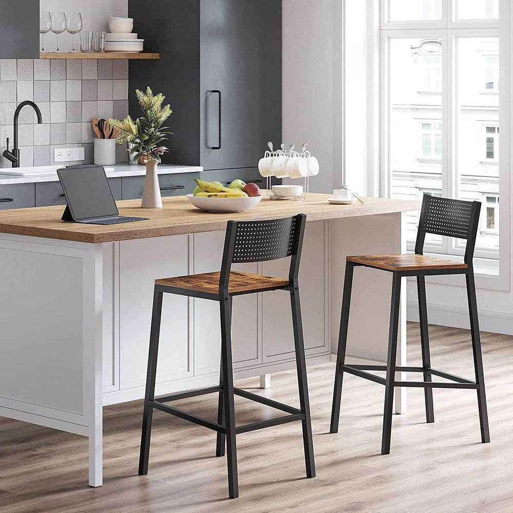 Industrial Bar Stools Set of 2 With Backrest 28.5 Inch Seat Height