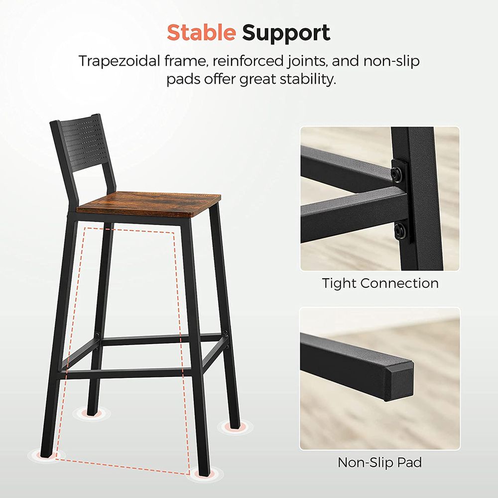 Industrial Bar Stools Set of 2 With Backrest 28.5 Inch Seat Height