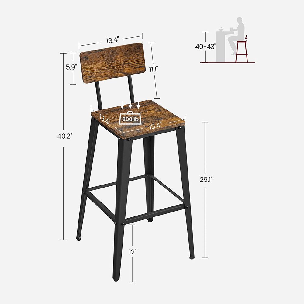 Bar Stools - Tall With Back - Set Of 2 - Industrial Style