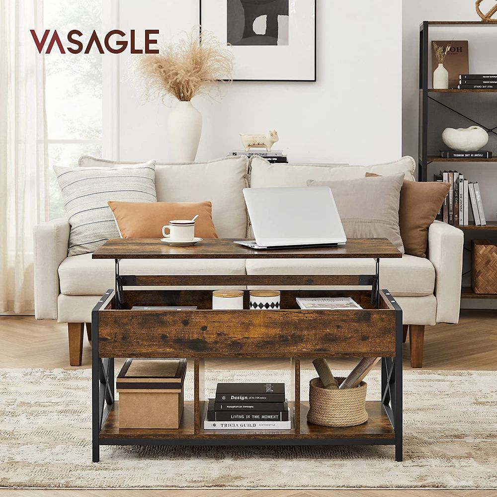 Lift Top Coffee Table – Hidden Storage Compartments – Industrial Living Room Table