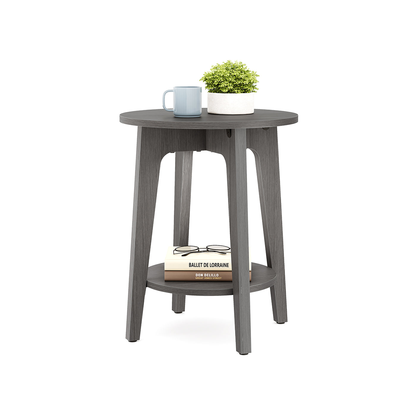 Small Round End Table – Lower Shelf – Space-Saving Side Table