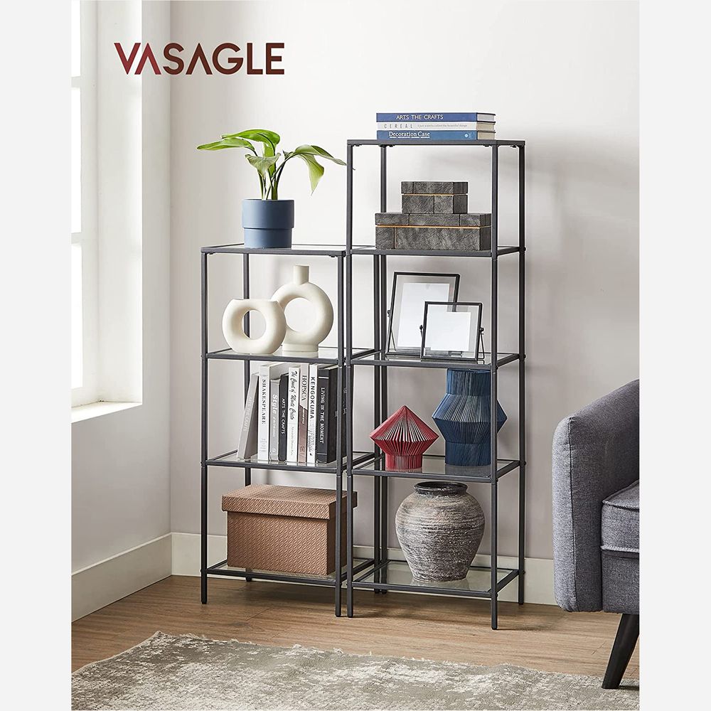 5 Tier Slim Bookcase Glass Shelves Narrow Storage Shelving Unit