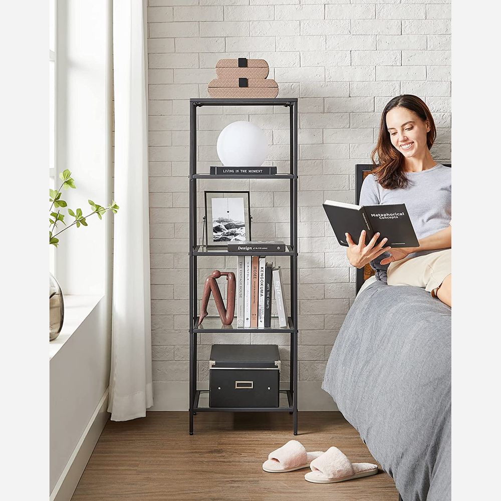 5 Tier Slim Bookcase Glass Shelves Narrow Storage Shelving Unit