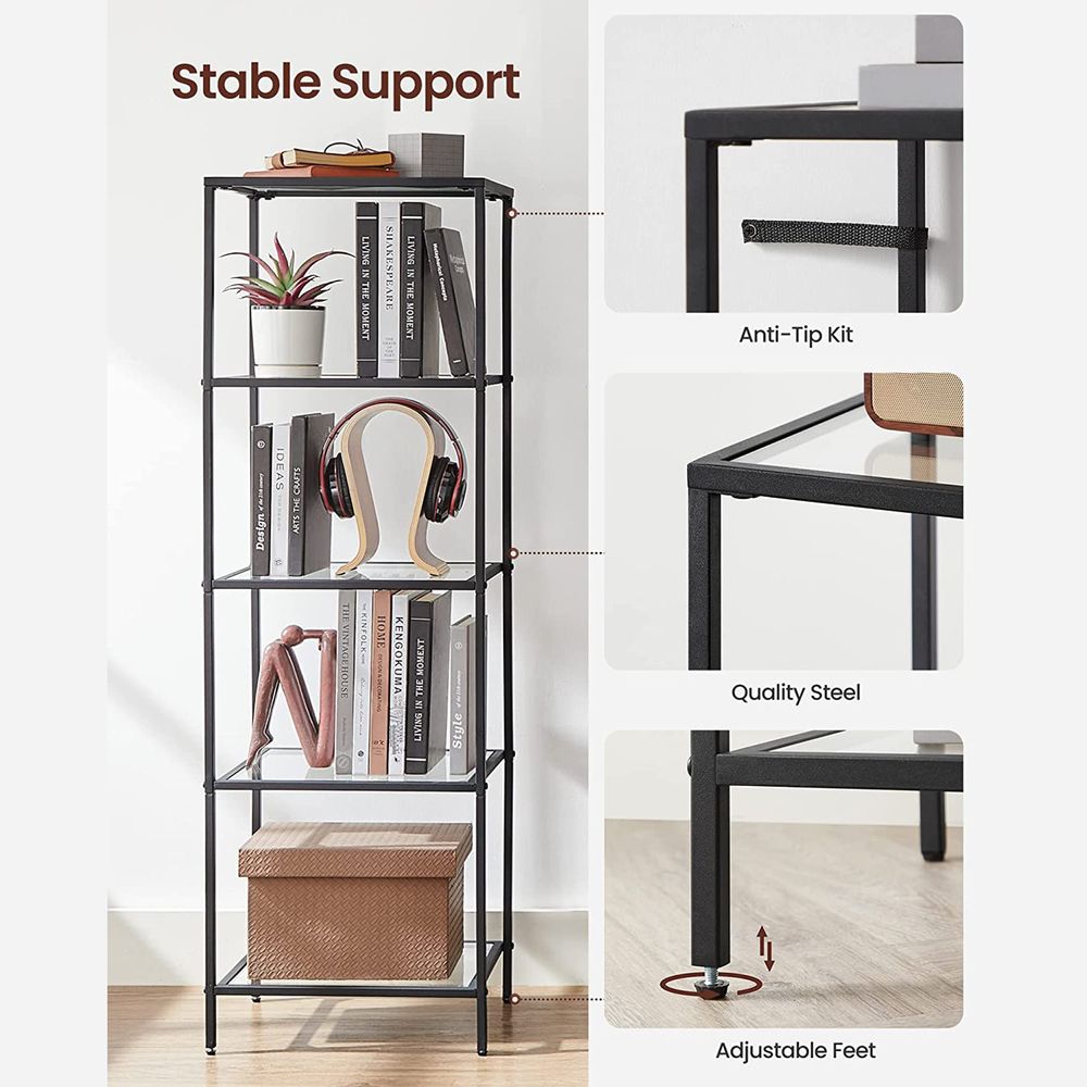 5 Tier Slim Bookcase Glass Shelves Narrow Storage Shelving Unit