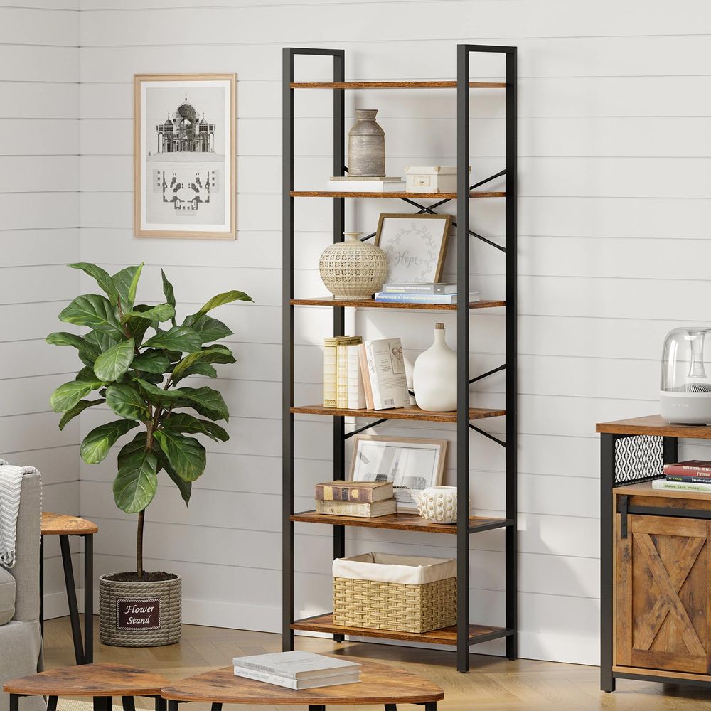 Bookshelf - Industrial 6 Tier - Steel Frame Tall Storage Shelf