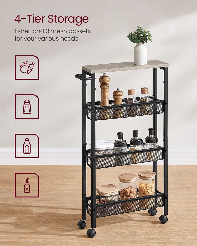 Rolling Storage Cart - 4 Or 5 Tier - Slim With Wheels