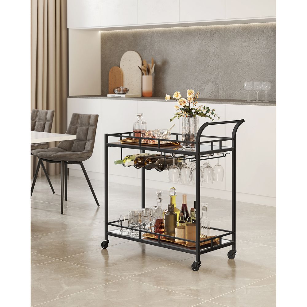 Home Bar Serving Cart - 2 Mirrored Shelves - Rolling Design