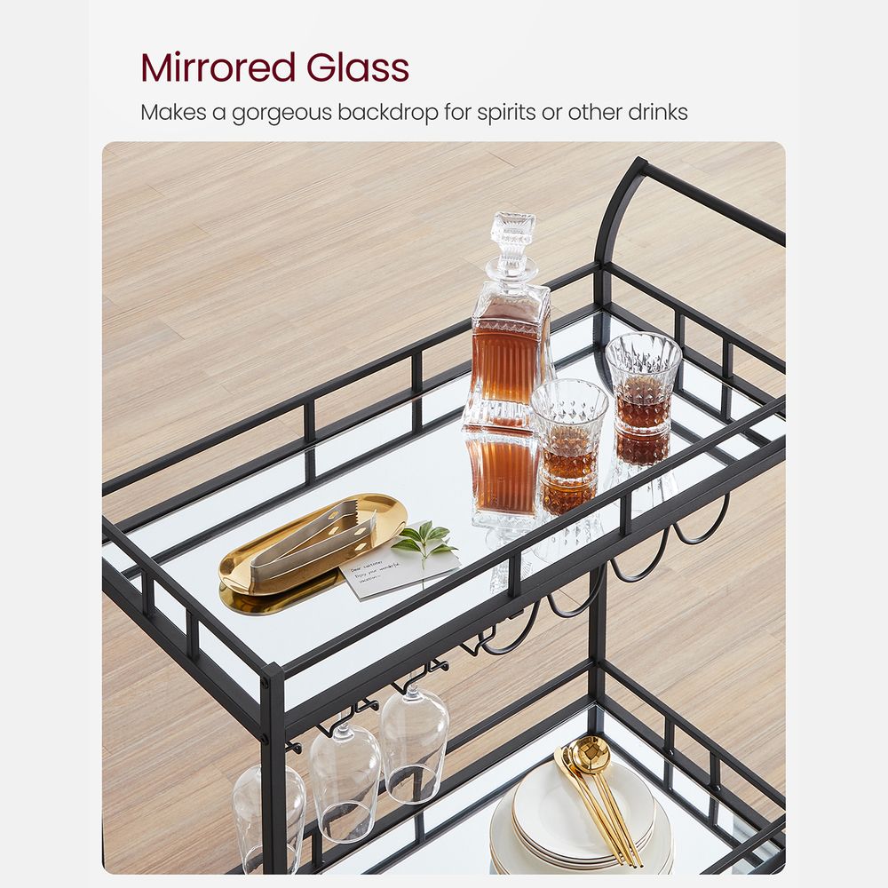 Home Bar Serving Cart - 2 Mirrored Shelves - Rolling Design