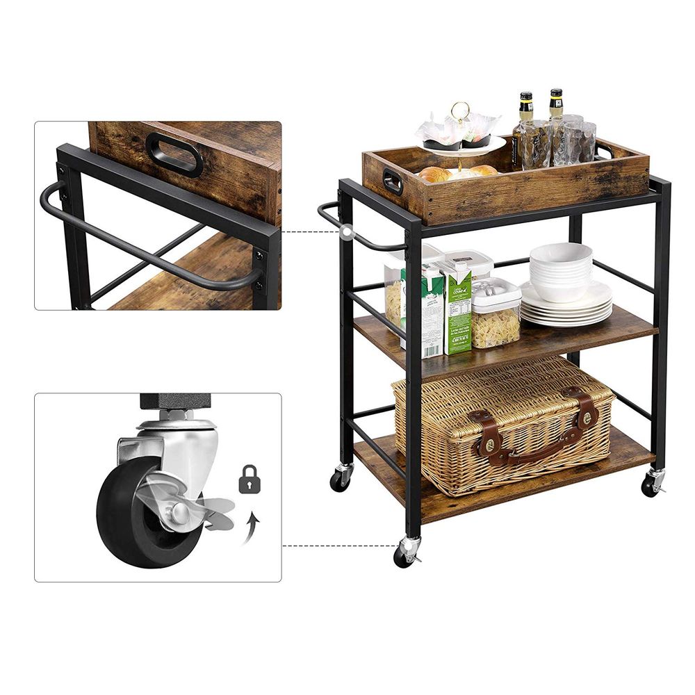 Kitchen Serving Cart - With Removable Tray - Rolling Trolley