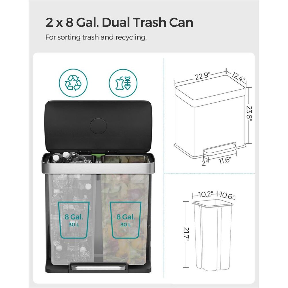 Trash Can - 16 Gallon Dual Compartment - Soft Close Lid