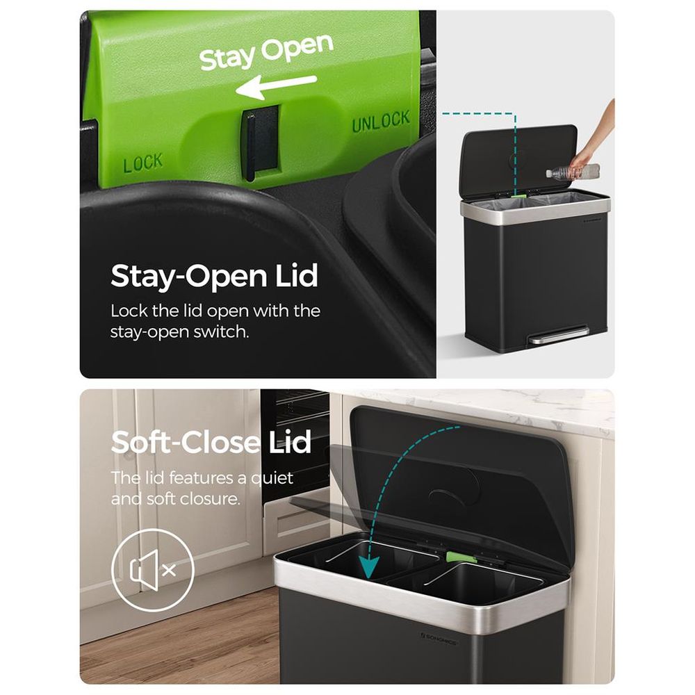 Trash Can - 16 Gallon Dual Compartment - Soft Close Lid