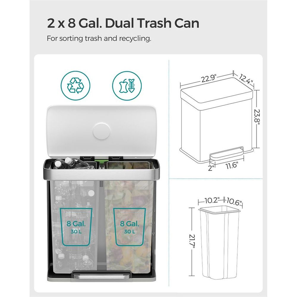Trash Can - 16 Gallon Dual Compartment - Soft Close Lid
