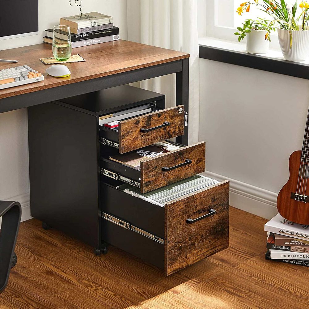 Office Filing Cabinet With Lock – 3 Drawers – Rolling Storage