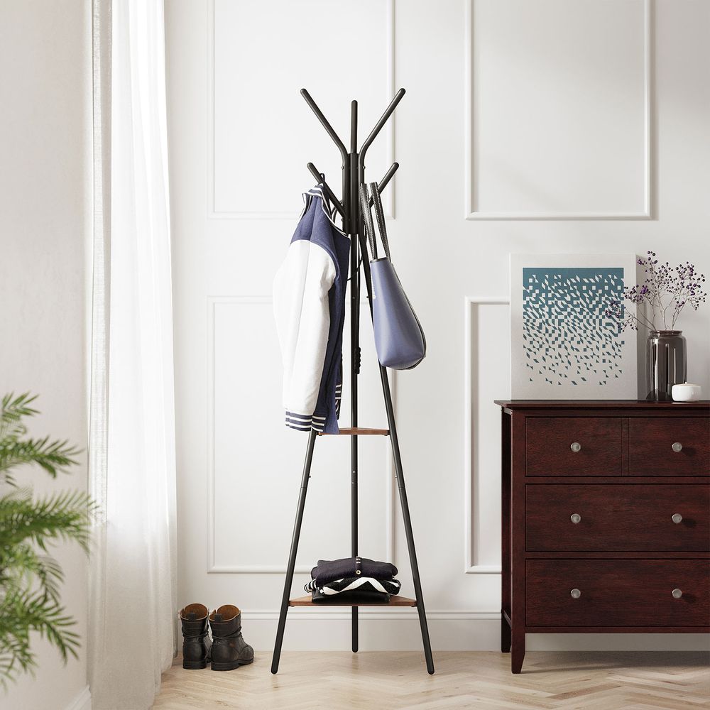 Coat Hanger Stand - Hall Tree With 2 Shelves - Entryway Organizer