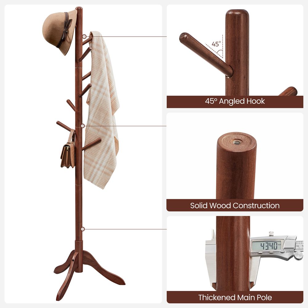 Solid Wood Coat Rack - Freestanding - 8 Hook Design