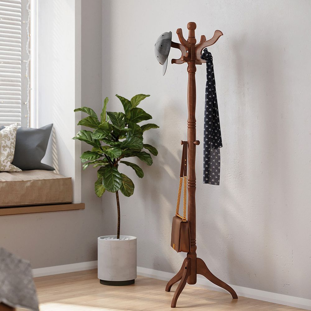 Freestanding Coat Rack With 11 Hooks – Solid Wood – Classic Entryway Stand