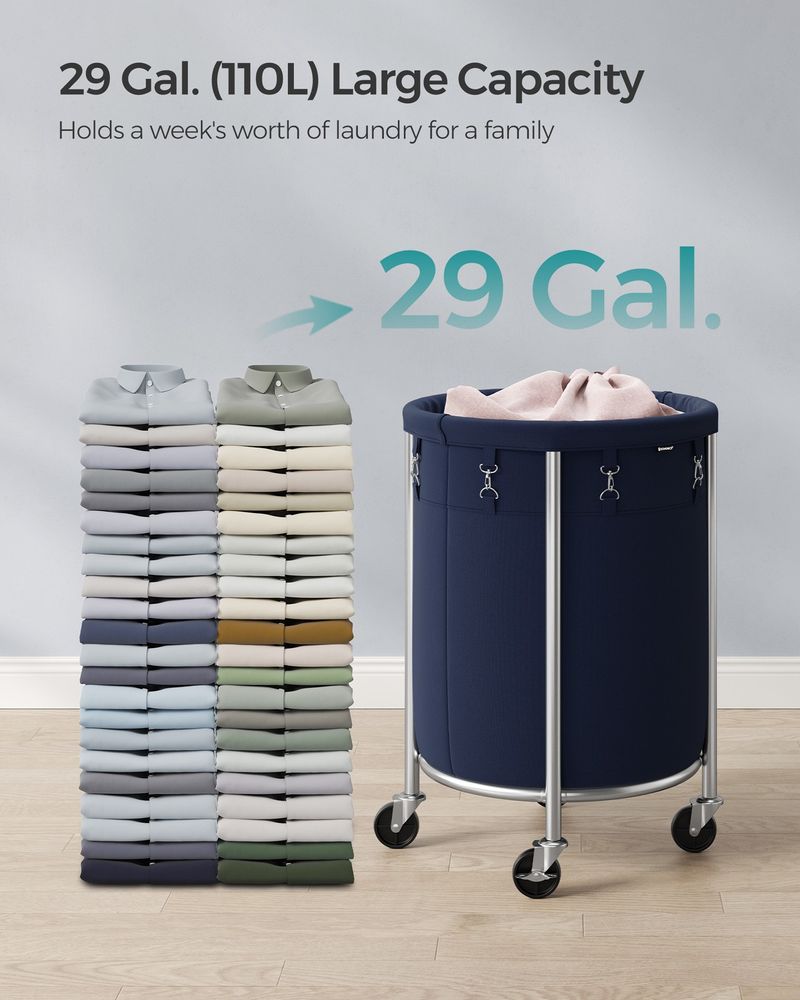 Laundry Basket - Round Rolling Hamper - With Wheels