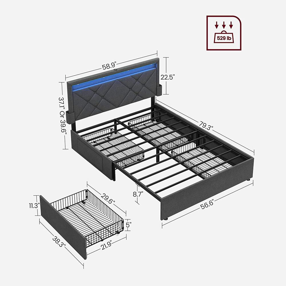 LED Bed Frame Queen & Full Size - Headboard - 4 Drawers Storage