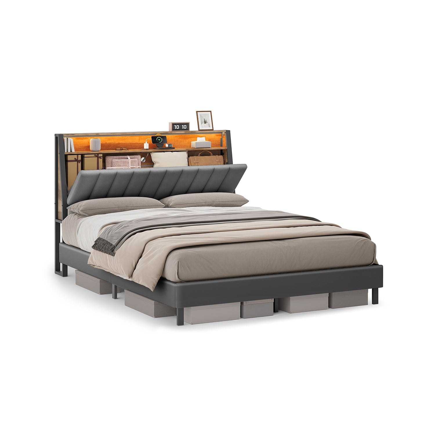 LED Bed Frame with Storage Headboard – Charging Station – Full & Queen Size
