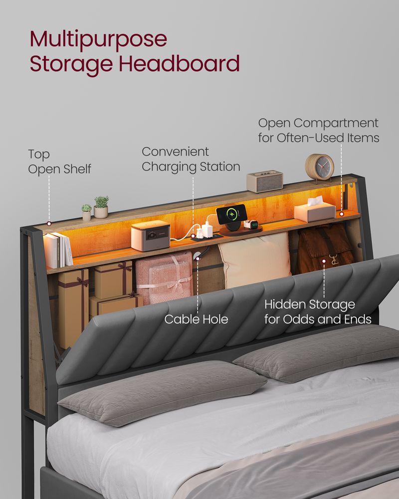 LED Bed Frame with Storage Headboard – Charging Station – Full & Queen Size