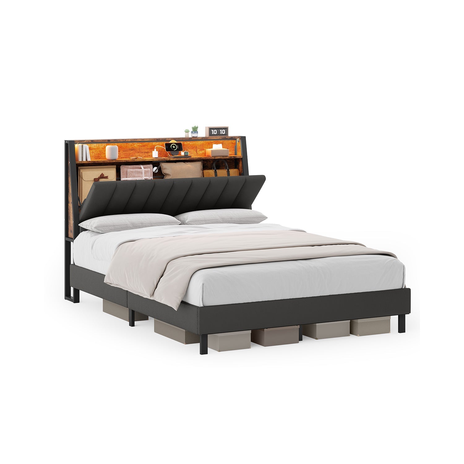LED Bed Frame with Storage Headboard – Charging Station – Full & Queen Size