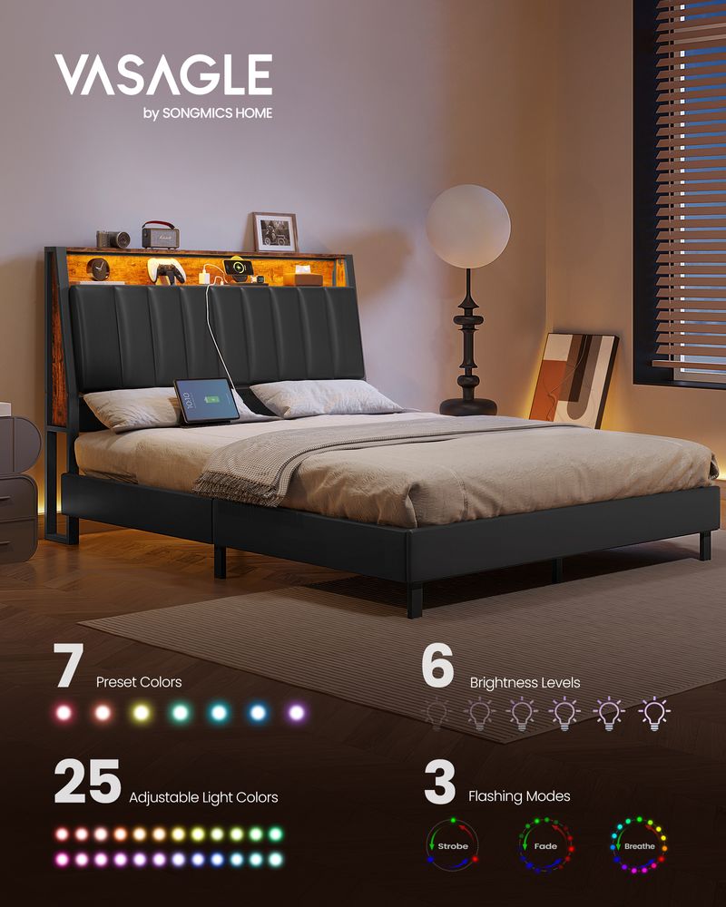 LED Bed Frame with Storage Headboard – Charging Station – Full & Queen Size