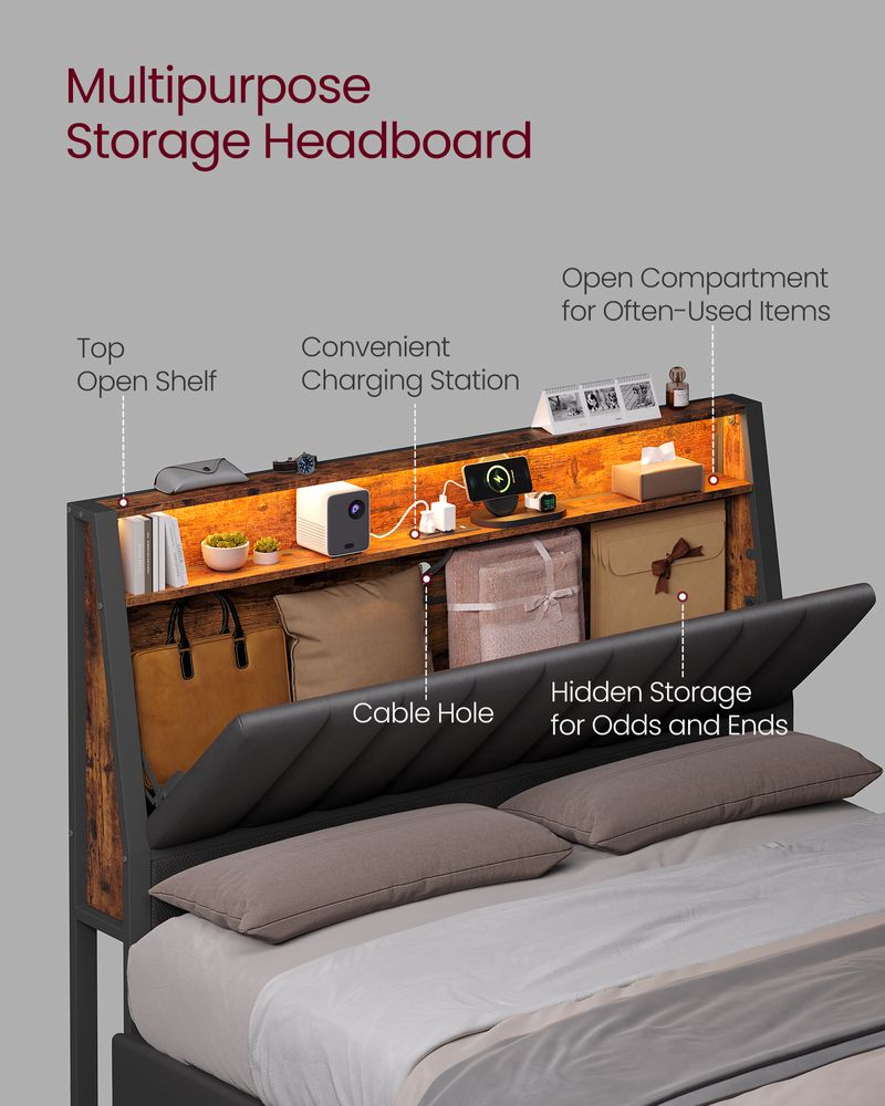 LED Bed Frame with Storage Headboard – Charging Station – Full & Queen Size