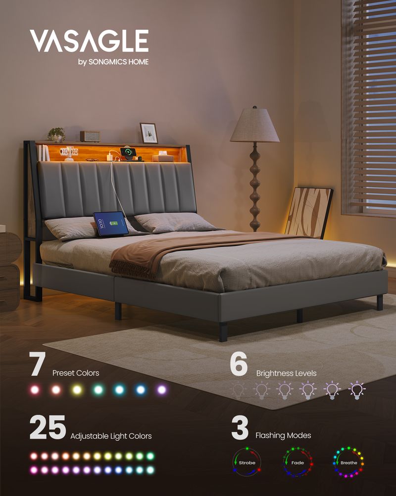 LED Bed Frame with Storage Headboard – Charging Station – Full & Queen Size