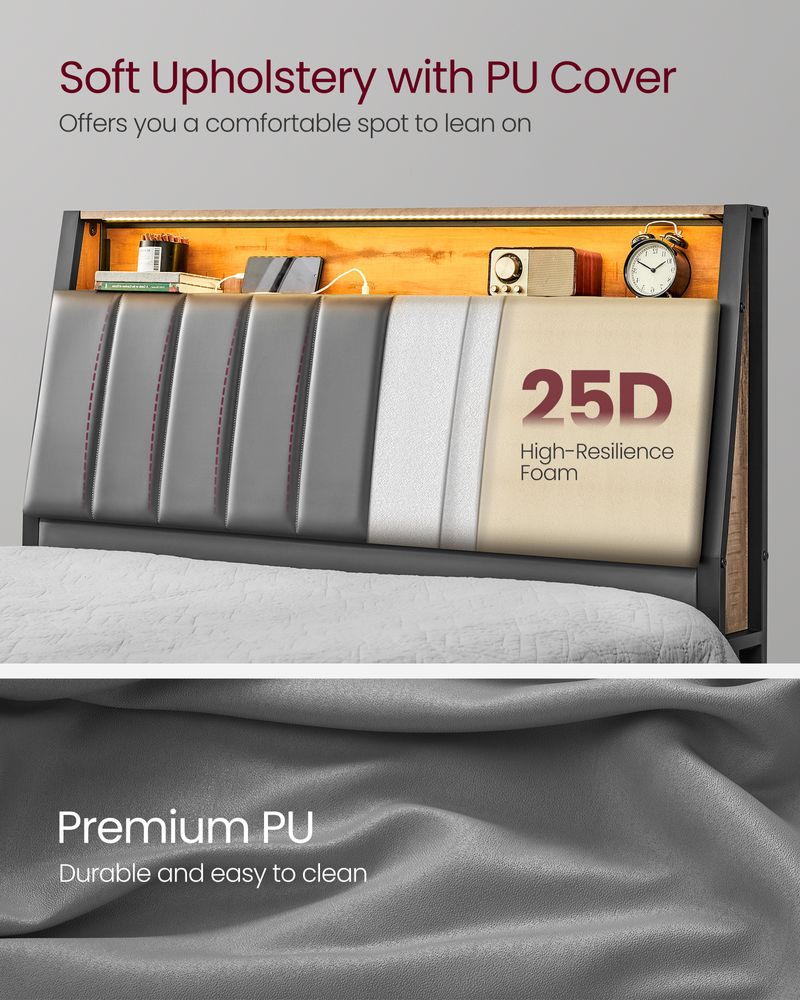 LED Bed Frame with Storage Headboard – Charging Station – Full & Queen Size