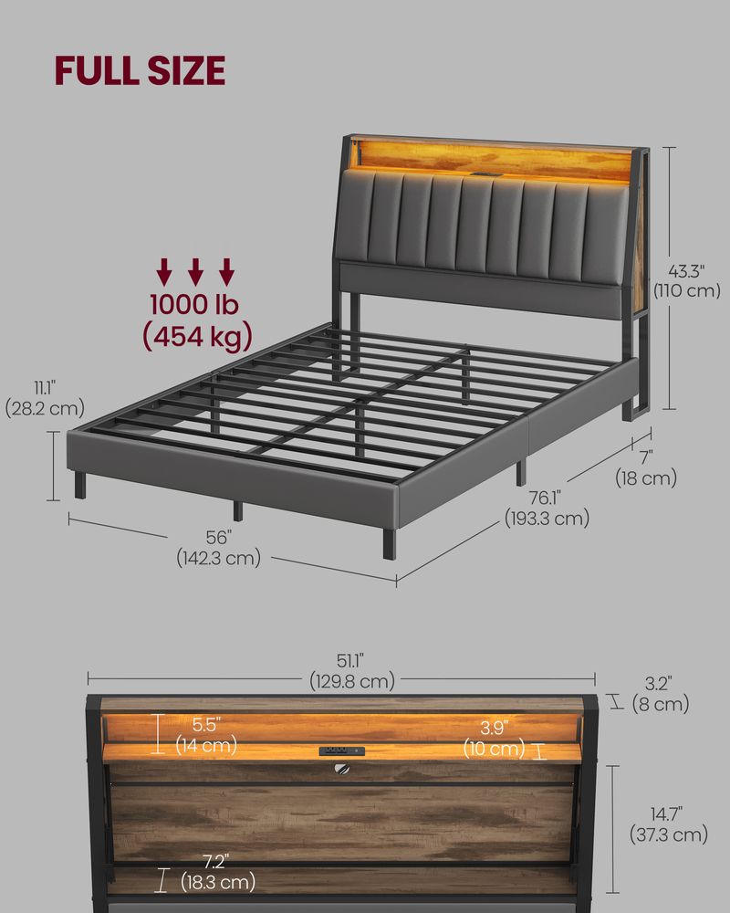 LED Bed Frame with Storage Headboard – Charging Station – Full & Queen Size